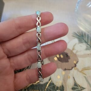 14KT White Gold Australian Opal Tennis Bracelet & Diamond Earrings